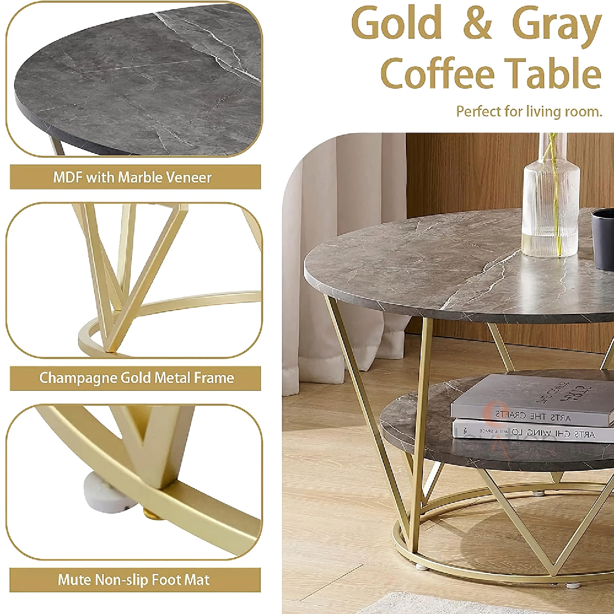 Round Coffee Table, 80cm Grey Gold Faux Marble Table with 2 Tier Storage for Home, Living Room (Grey-Gold) - COCO-Gray-CoffeeTableGG&G-FWS Round Coffee Table, 80cm Grey Gold Faux Marble Table with 2 Tier Storage for Home, Living Room (Grey-Gold) - COCO-Gray-CoffeeTableGG&G-FWS